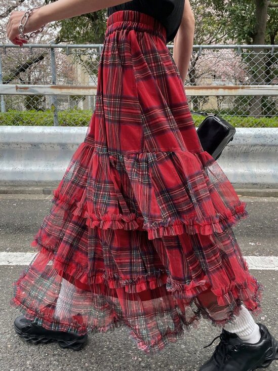 Red Casual Women's Christmas Plaid Ruffle Mesh High Waist Skirt - Picture 2 of 6